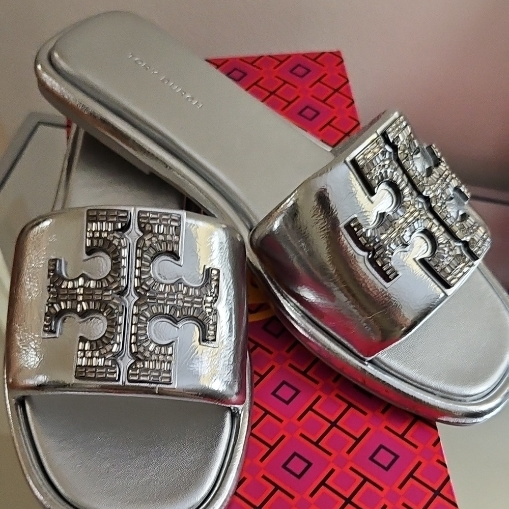 Tory Burch Metallic Silver Slides